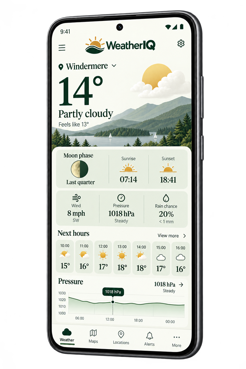 WeatherIQ on Android, with moon phase, pressure and hourly forecasts