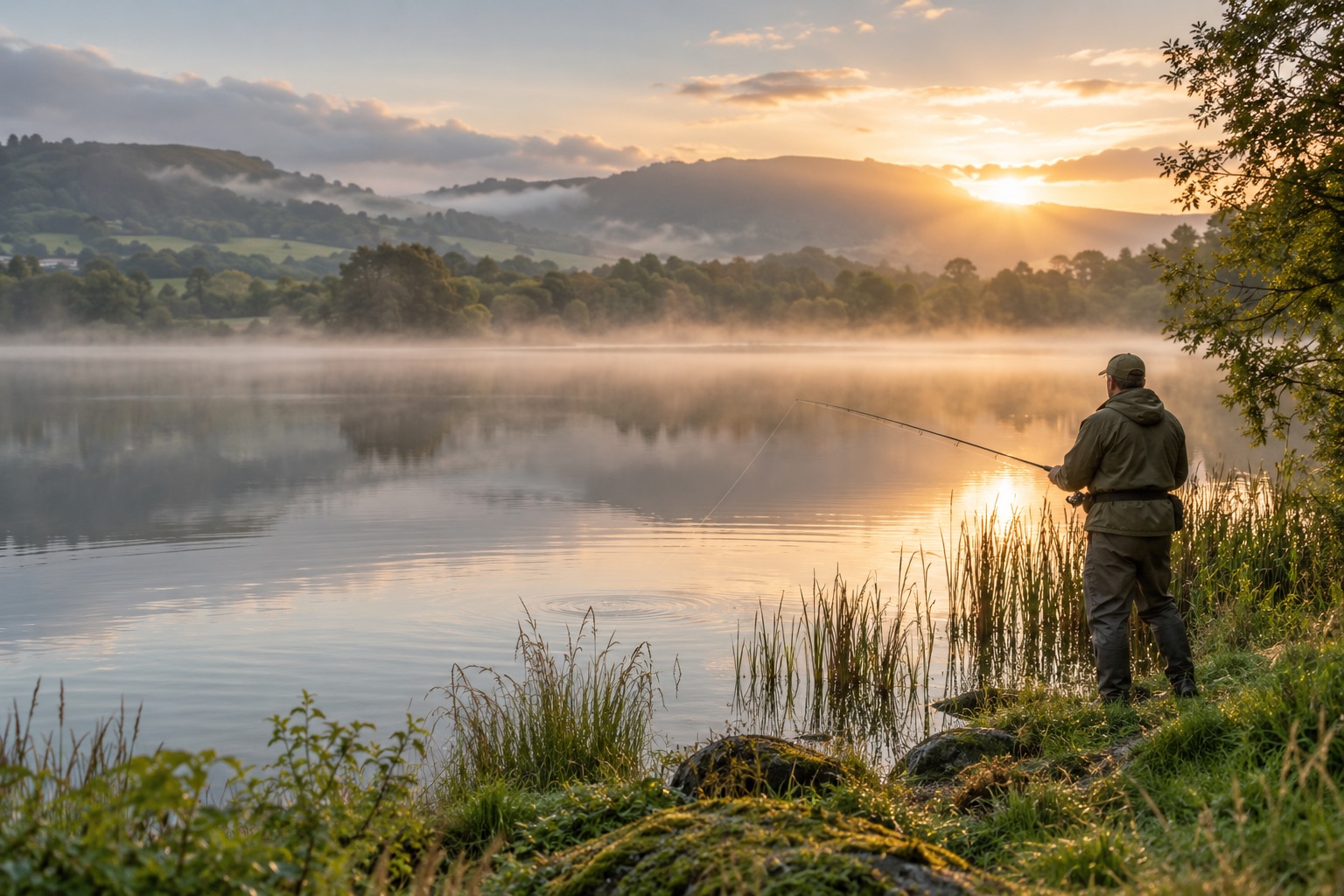 An angler beside a calm lake at sunrise